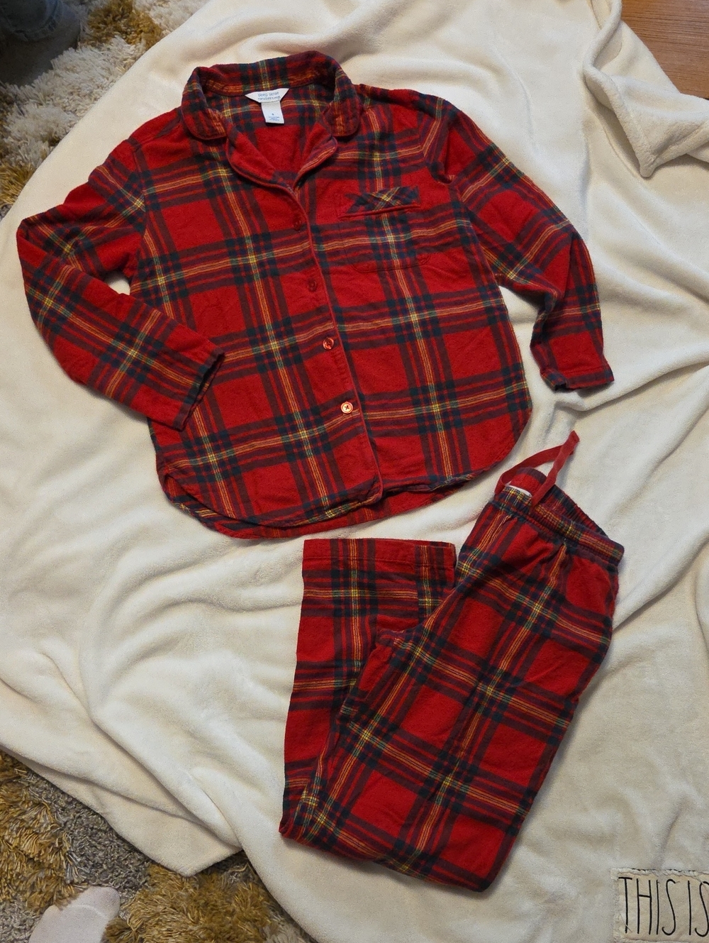 Red Plaid Button-Up Pajama Set with Elastic Waist Pants 100% Cotton